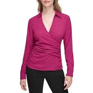 Calvin Klein Mulberry Pink Long Sleeve Surplus V-Neck Ruched Blouse Small NWT
